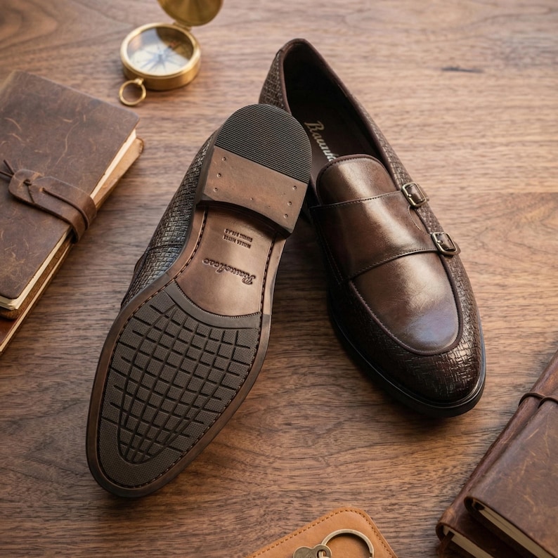 Puede incluir: Zapatos marrones de cuero con doble hebilla y detalles texturizados. Se ve la suela de un zapato, con una banda de rodadura estampada. En la imagen tambi&eacute;n hay una br&uacute;jula y un diario encuadernado en cuero.