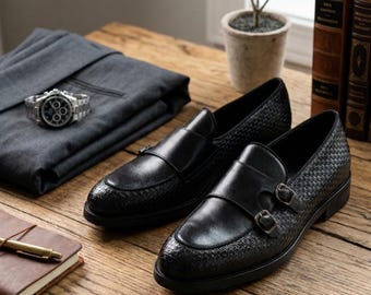 Zapatos negros tipo monk strap para hombre, mocasines de vestir con doble hebilla, zapatos formales de cuero de lujo, calzado elegante para bodas y negocios.