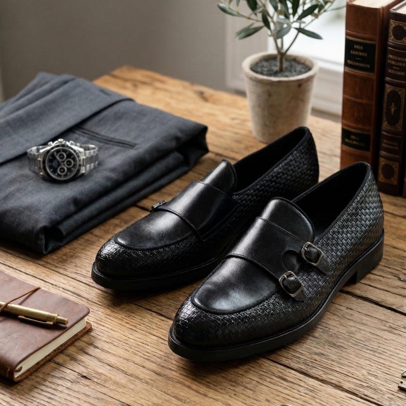 May include: A pair of black leather loafers with woven detailing and double buckle closures. The shoes are displayed on a wooden surface alongside a gray suit, a wristwatch, and a leather-bound notebook with a pen.