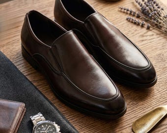 Dark Brown Leather Loafers for Men, Slip-On Dress Shoes, Business Casual Office Shoes, Elegant Minimalist Men's Footwear