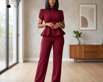 Women's Peplum Pants Set, Elegant Two Piece Outfit, Dressy Wide Leg Pant Suit, Wedding Guest Outfit, Matching Set