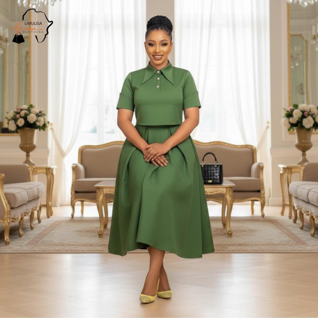 Emerald Green Satin Midi Dress for Women, Elegant Wedding Guest Dress, Modest Formal Party Dress, African Inspired Flare Dress