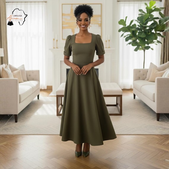 olive green midi dress formal Square Neck for Women, Elegant Wedding Guest Dress, Modest Church Dress, African Inspired Dress olive green prom dress