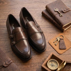 Puede incluir: Un par de zapatos marrones de cuero con doble hebilla y detalles texturizados. Los zapatos est&aacute;n junto a una agenda de cuero, llaves, un posavasos de cuero y una br&uacute;jula en una caja de madera. Sobre una superficie de madera.