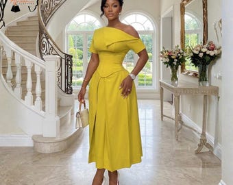 Yellow Off Shoulder Midi Dress – Elegant A-Line Corset Waist Dress Women, Classy Wedding Guest Formal Outfit, Statement Occasion Dress