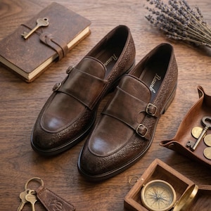 Zapatos Monk Strap de color marrón oscuro para hombre, zapatos de vestir de cuero texturizado, zapatos formales con doble hebilla, zapatos elegantes de lujo sin cordones. imagen 4