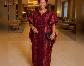 African Boubou Kaftan Maxi Dress with Matching Headwrap, Embellished Sequin Panel Bubu Gown, Elegant Wedding Guest Dress
