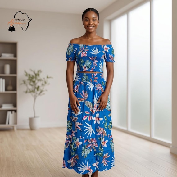 blue floral two piece dress Skirt Set Women, Off Shoulder Crop Top and Midi Skirt Set, Summer Vacation Outfit, Tropical Matching Set Midi dress