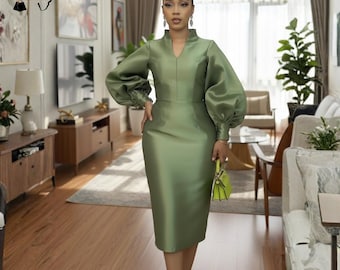 Emerald Satin Midi Dress with Puff Sleeves, Elegant Wedding Guest Dress for Women, Modest Formal Statement Outfit