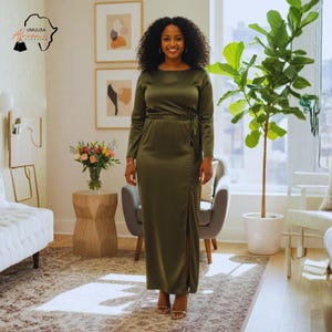 green emerald velvet dress Olive Green Evening Dress with Waist Tie