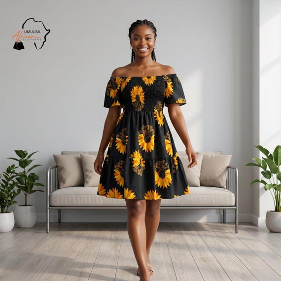 Black Sunflower Dress Women, Off Shoulder Midi Dress, African Print Dress, Casual Elegant Dress, Summer Dress for Women