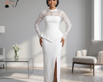 Witte kanten bruidsjurk met lange mouw, elegante trouwjurk vrouwen, civiele trouwjurk, moderne minimalistische bruidjurk met korsettaille