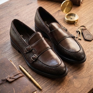 Puede incluir: Un par de mocasines de cuero marr&oacute;n con doble hebilla y textura tejida. Los zapatos tienen un acabado pulido y hebillas met&aacute;licas. Un bol&iacute;grafo dorado, un cuaderno de cuero, una br&uacute;jula y llaves est&aacute;n sobre una superficie de madera.
