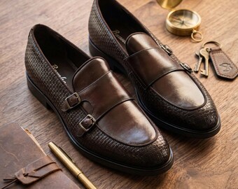 Dark Brown Monk Strap Shoes for Men, Textured Leather Dress Shoes, Double Buckle Formal Shoes, Elegant Luxury Slip-On Shoes