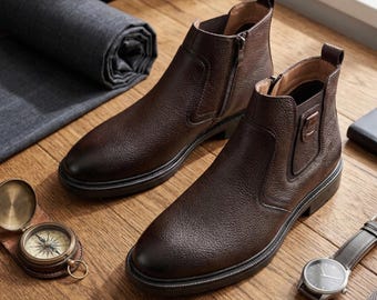 Brown Chelsea Boots for Men, Leather Zip Ankle Boots, Slip-On Dress Boots, Smart Casual Shoes, Minimalist Luxury Men's Footwear