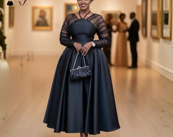 Black Satin Ball Gown with Sheer Sleeves, Modest Long Sleeve Formal Dress, Elegant Black Tie Evening Gown, Luxury Gala Wedding Guest