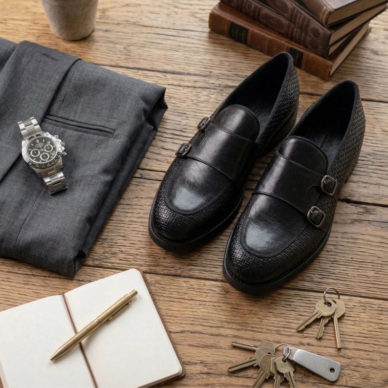 May include: A pair of black leather double-monk strap shoes with textured detailing. A gray suit jacket, a silver wristwatch, a notebook, a pen, and keys are arranged on a wooden surface, suggesting a business or professional theme.