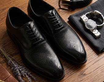 Black Oxford Dress Shoes for Men, Leather Lace-Up Formal Shoes, Elegant Wedding Business Shoes, Classic Luxury Men's Footwear