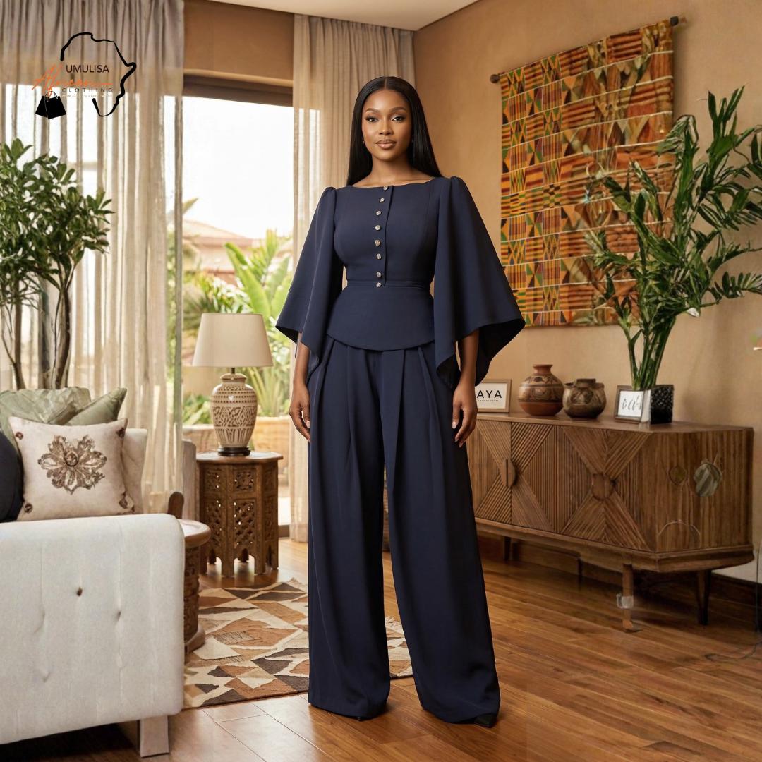 Elegant Navy Two Piece Set Women – Wide Leg Pants Set, Cape Sleeve