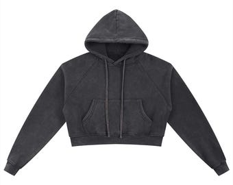 Snow Washed Cropped Hoodie, Women's Vintage Washed Hoodie, Oversized Crop Sweatshirt, Casual Streetwear Hoodie, Trendy Pullover