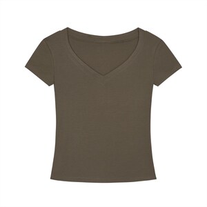 T-shirt slim fit con scollo a V in Tencel, maglietta corta ecologica da donna, morbida e aderente, a maniche corte, ideale per l'estate, casual ed elegante, perfetta per l'ufficio. immagine 11
