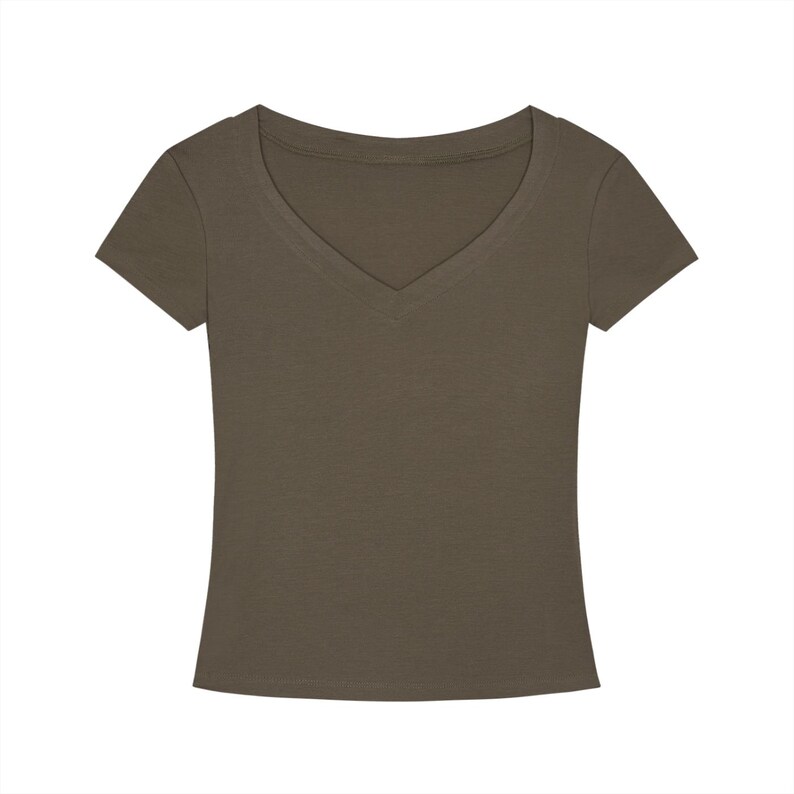 T-shirt slim fit con scollo a V in Tencel, maglietta corta ecologica da donna, morbida e aderente, a maniche corte, ideale per l'estate, casual ed elegante, perfetta per l'ufficio. immagine 11