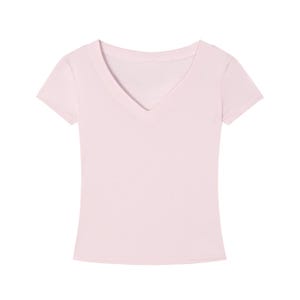 T-shirt slim fit con scollo a V in Tencel, maglietta corta ecologica da donna, morbida e aderente, a maniche corte, ideale per l'estate, casual ed elegante, perfetta per l'ufficio. immagine 9