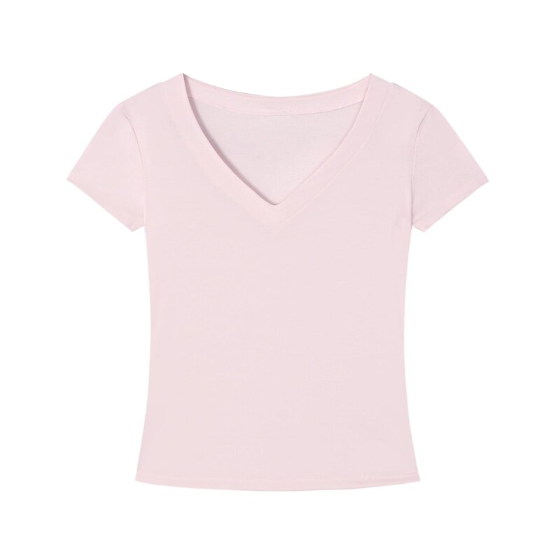 T-shirt slim fit con scollo a V in Tencel, maglietta corta ecologica da donna, morbida e aderente, a maniche corte, ideale per l'estate, casual ed elegante, perfetta per l'ufficio. immagine 9