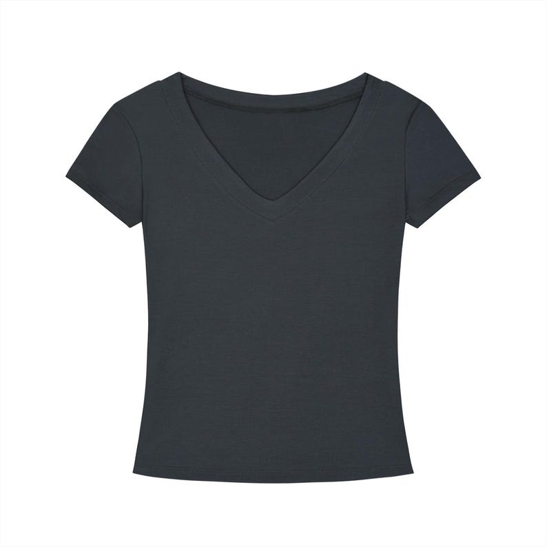 T-shirt slim fit con scollo a V in Tencel, maglietta corta ecologica da donna, morbida e aderente, a maniche corte, ideale per l'estate, casual ed elegante, perfetta per l'ufficio. immagine 1