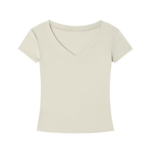 T-shirt slim fit con scollo a V in Tencel, maglietta corta ecologica da donna, morbida e aderente, a maniche corte, ideale per l'estate, casual ed elegante, perfetta per l'ufficio. immagine 13