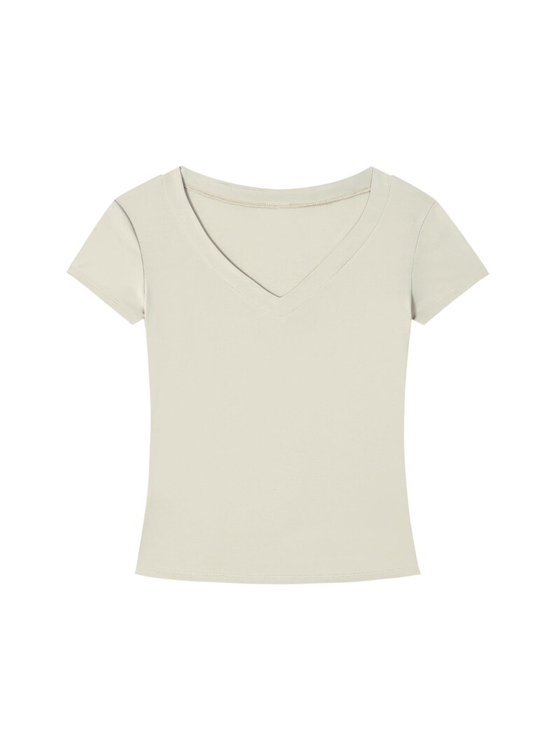 T-shirt slim fit con scollo a V in Tencel, maglietta corta ecologica da donna, morbida e aderente, a maniche corte, ideale per l'estate, casual ed elegante, perfetta per l'ufficio. immagine 13