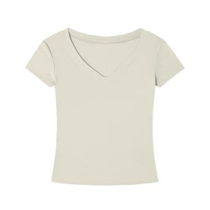T-shirt slim fit con scollo a V in Tencel, maglietta corta ecologica da donna, morbida e aderente, a maniche corte, ideale per l'estate, casual ed elegante, perfetta per l'ufficio. immagine 7
