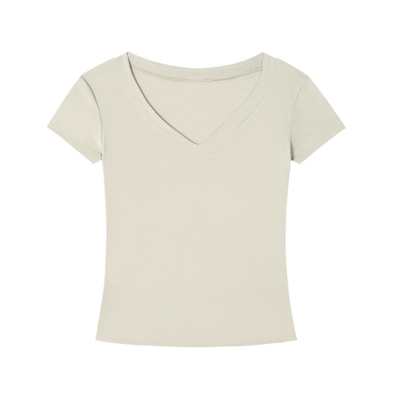 T-shirt slim fit con scollo a V in Tencel, maglietta corta ecologica da donna, morbida e aderente, a maniche corte, ideale per l'estate, casual ed elegante, perfetta per l'ufficio. immagine 7