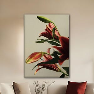 Zambak Çiçeği Kanvas Tablo, Modern Salon Dekorasyonu, Kırmızı ve Yeşil Botanik Duvar Sanatı