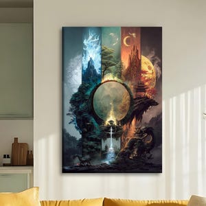 Może przedstawiać: Pionowy wydruk na płótnie przedstawiający fantastyczny krajobraz z centralnym portalem. Grafika podzielona jest na pionowe sekcje z elementami ognia, wody i ziemi. Widoczny jest smok i inne mityczne stworzenia.