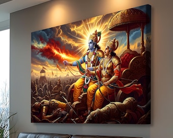 Krishna and Arjuna Canvas Wall Art, Mahabharata Bhagavad Gita Painting, Indian Home Decor