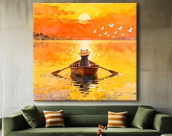 Cat in a Boat at Sunset Watercolor Wall Art, Whimsical Animal Painting