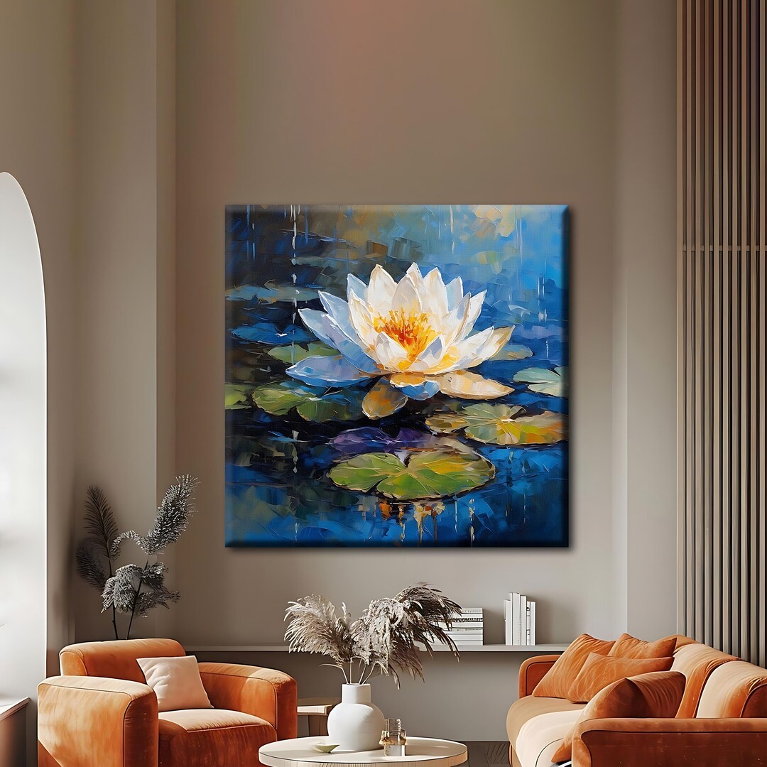 Lotus Flower Oil Painting Canvas Print, Water Lily Impressionist Decor ...