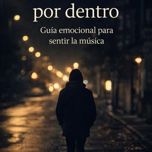 Puede incluir: Una persona se aleja por una calle mojada por la noche, iluminada por farolas. La imagen tiene el texto "Canciones por dentro" en la parte superior y debajo "Guía emocional para sentir la música".