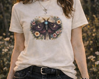 Moonlit Moth Floral Illustration T-Shirt | Purple Moth Tee