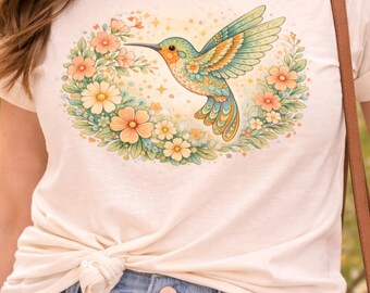 Hummingbird Floral Shirt, Cottagecore Nature Top, Bird Lover Garden Tee