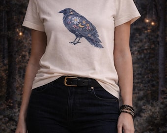 Botanical Raven T-Shirt | Celestial Floral Crow Graphic Tee | Cottagecore Nature Lover Shirt