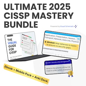 May include: The image displays a CISSP Mastery Bundle for 2025, including a visual guide, cheat sheets, and an Anki deck. The bundle is designed to aid in learning security and risk management, with a focus on key concepts and exam preparation.