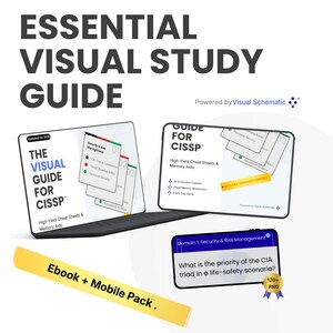 May include: A digital study guide for CISSP, with an ebook and mobile pack. The image shows digital guides with the text "THE VISUAL GUIDE FOR CISSP" and "GUIDE FOR CISSP". The guide includes cheat sheets and memory aids.