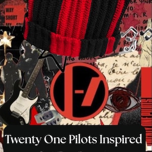 May include: A black and red striped cat ear beanie. The beanie has a folded brim and is inspired by the band Twenty One Pilots. The background features a collage of images and text, including the band's logo.