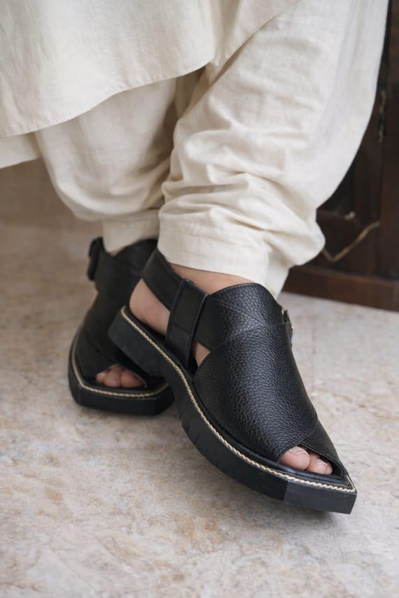 Men's Desi Handmade Leather Pakistani Peshawari Sandal Special Kaptaan Chappal black