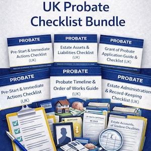 May include: A blue and white graphic promoting a UK Probate Checklist Bundle. The image includes checklists, guides, and documents related to estate administration, with text that reads "Step-by-step systems for executors & families."