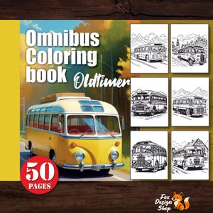 Puede incluir: La portada de un "Omnibus Coloring book Oldtimer" presenta una ilustración de un autobús antiguo amarillo y crema. El libro contiene 50 páginas para colorear con temática de autobuses. El logotipo de Fox Design Shop está en la esquina inferior derecha.
