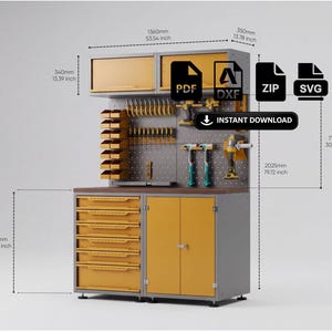 Puede incluir: Unidad de almacenamiento de taller gris y amarilla con panel perforado, siete cajones y dos puertas de armario. Las dimensiones son 1360mm de ancho, 340mm de profundidad y 2025mm de alto. Incluye archivos PDF, DXF, ZIP, SVG y texto INSTANT DOWNLOAD.