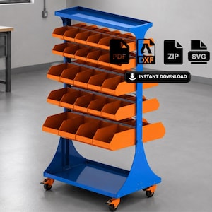 May include: A blue and orange parts storage cart with multiple orange bins. The cart has a top shelf and is on wheels. The image includes the text "INSTANT DOWNLOAD" and file type icons for PDF, DXF, ZIP, and SVG.